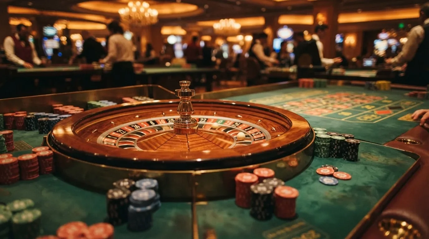Rulettehjul og sjetonger på grønn filt i varmt kveldslys — 10 kr casinoer i norge
