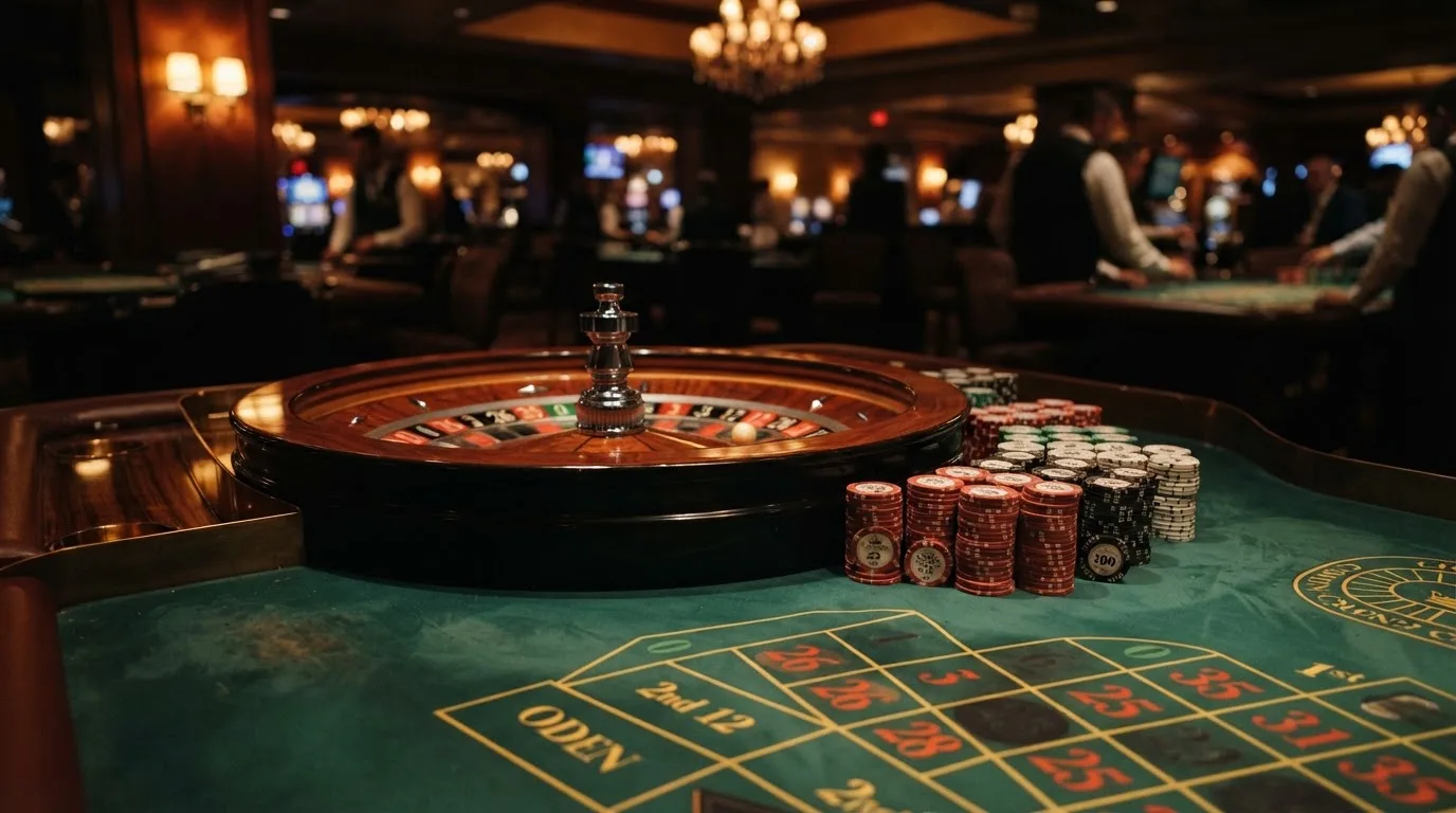 Rulettehjul og sjetonger på grønn filt i varmt kveldslys — 100 kr casinoer i norge