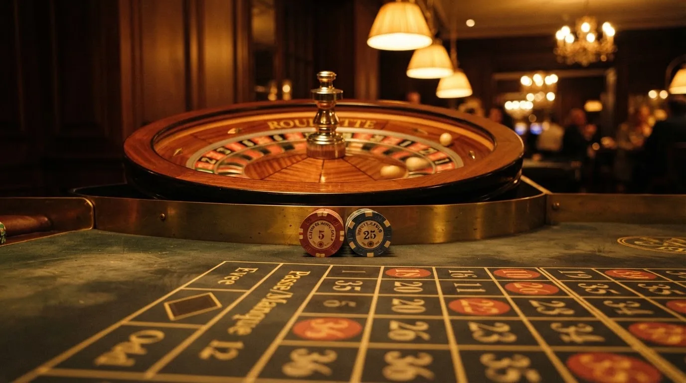 Rulettehjul og sjetonger på grønn filt i varmt kveldslys — 20 kr casinoer i norge