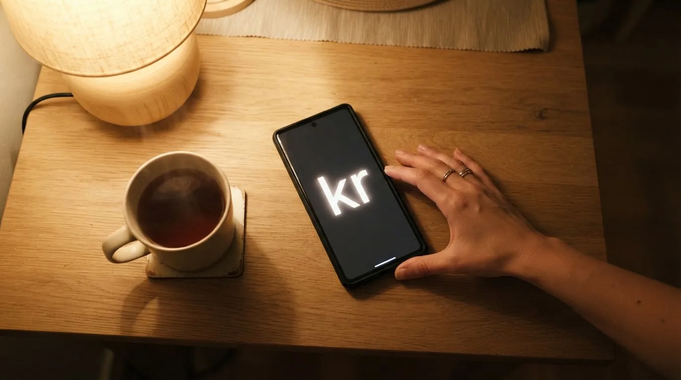 Hånd holder en mobiltelefon ved siden av en kopp te ved et kjøkkenbord en rolig kveld — alle kasinoer i norge