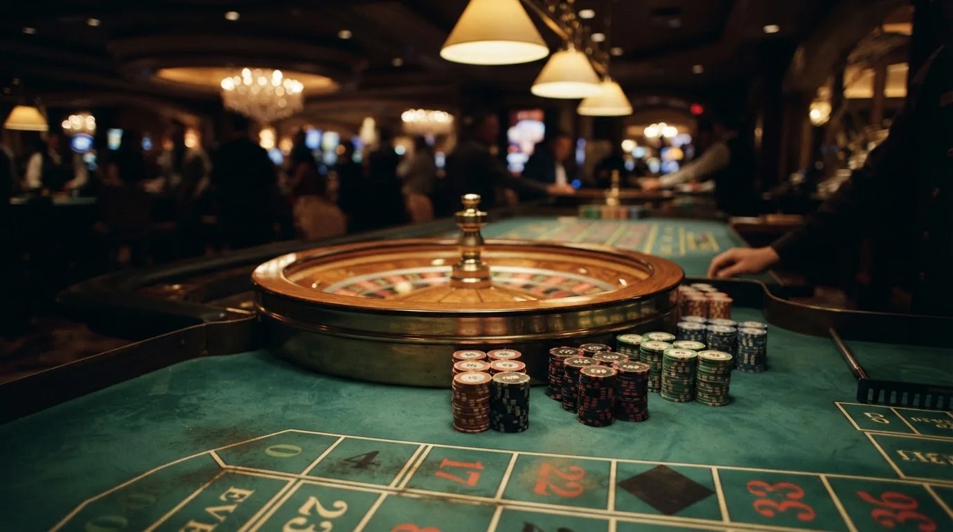 Rulettehjul og sjetonger på grønn filt i varmt kveldslys — anmeldelser av norske casinoer
