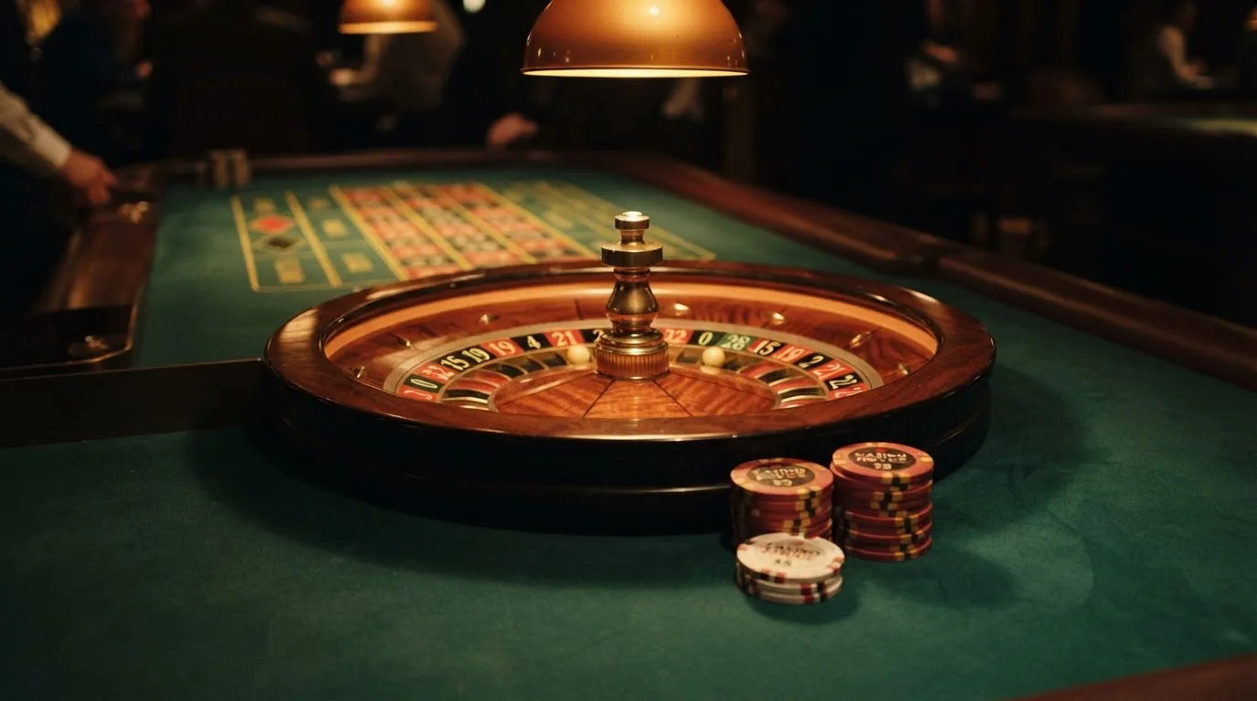 Rulettehjul og sjetonger på grønn filt i varmt kveldslys — beste blackjack i norge