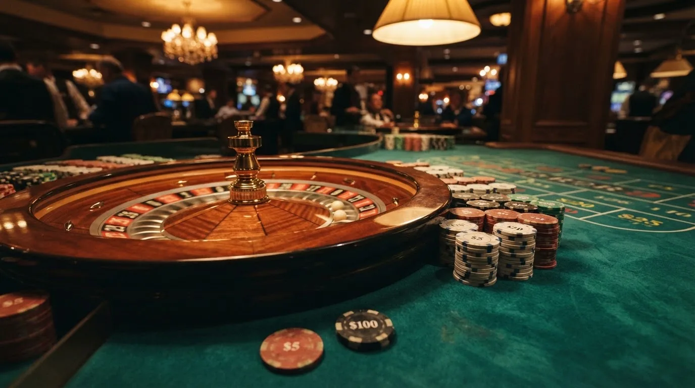 Rulettehjul og sjetonger på grønn filt i varmt kveldslys — beste bonuser på norske casinoer