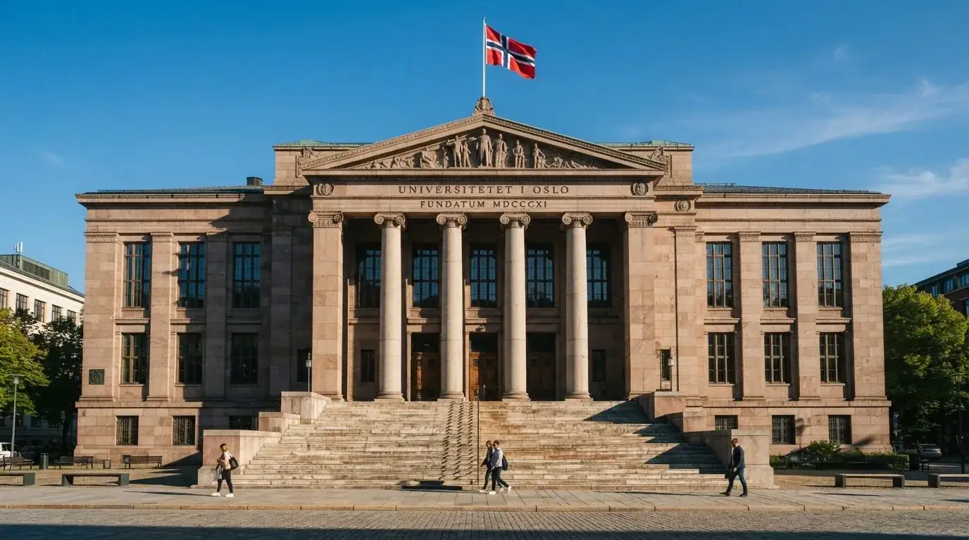 Fasade av en stor offentlig bygning i Oslo med brede trapper og et norsk flagg i vinden under klar himmel