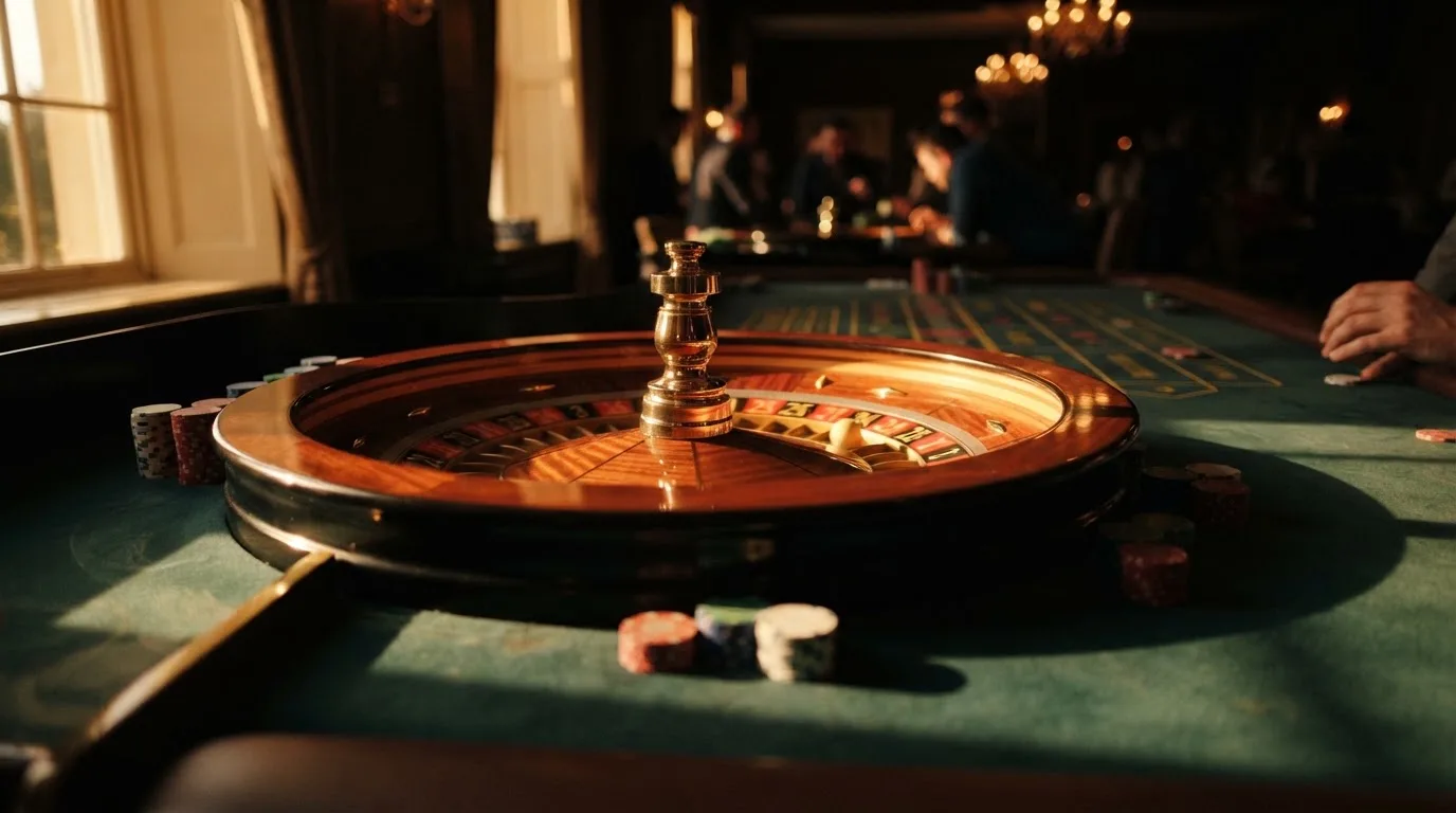 Rulettehjul og sjetonger på grønn filt i varmt kveldslys — beste casino spilleautomater