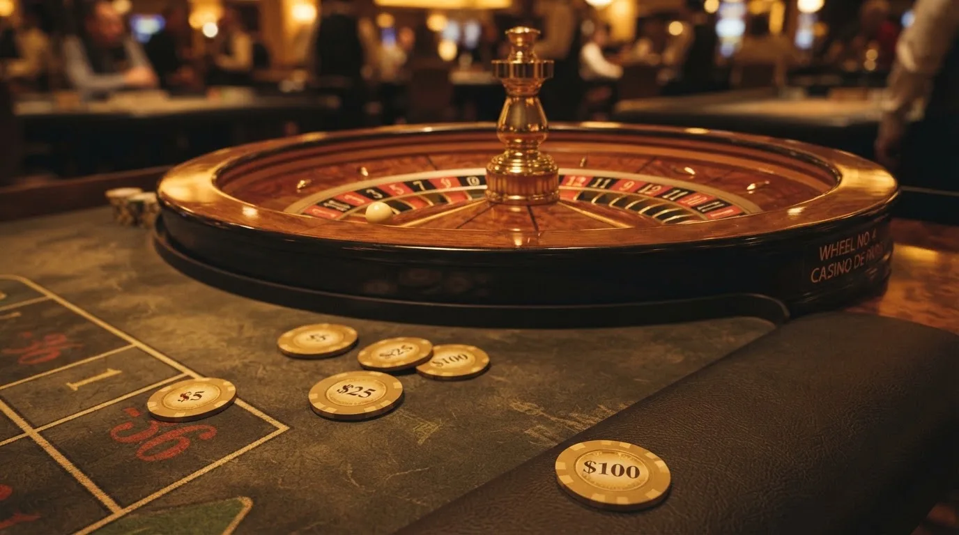 Rulettehjul og sjetonger på grønn filt i varmt kveldslys — beste casinoer med baccarat