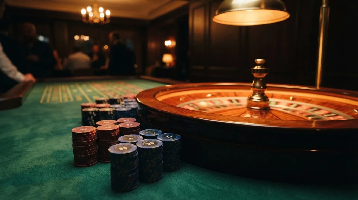 Rulettehjul og sjetonger på grønn filt i varmt kveldslys — beste utenlandske casinoer