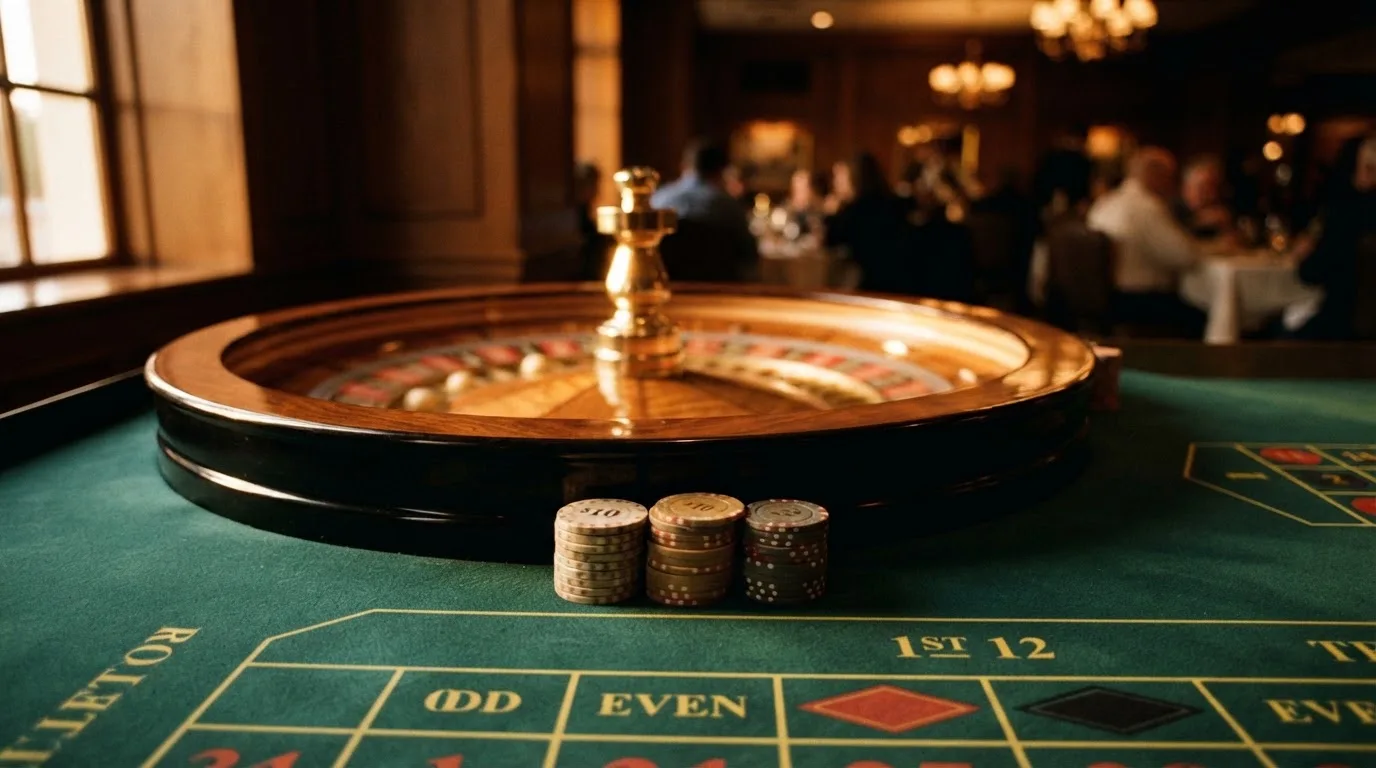 Rulettehjul og sjetonger på grønn filt i varmt kveldslys — bonuser på nettcasino