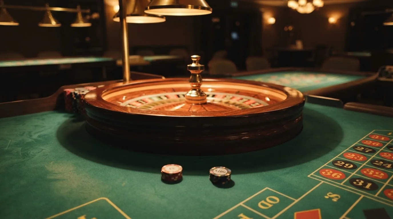 Rulettehjul og sjetonger på grønn filt i varmt kveldslys — casino slots in norway