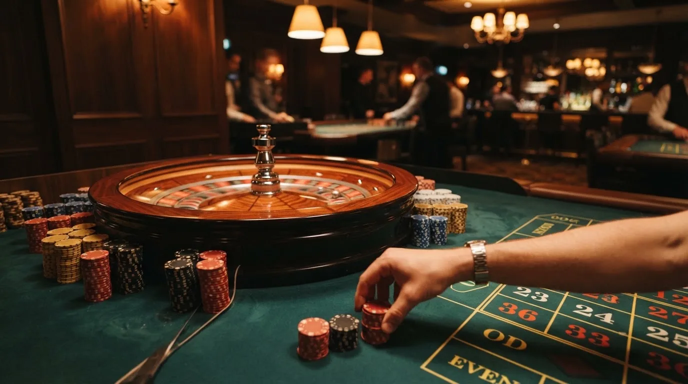 Rulettehjul og sjetonger på grønn filt i varmt kveldslys — casino uten lisens i norge