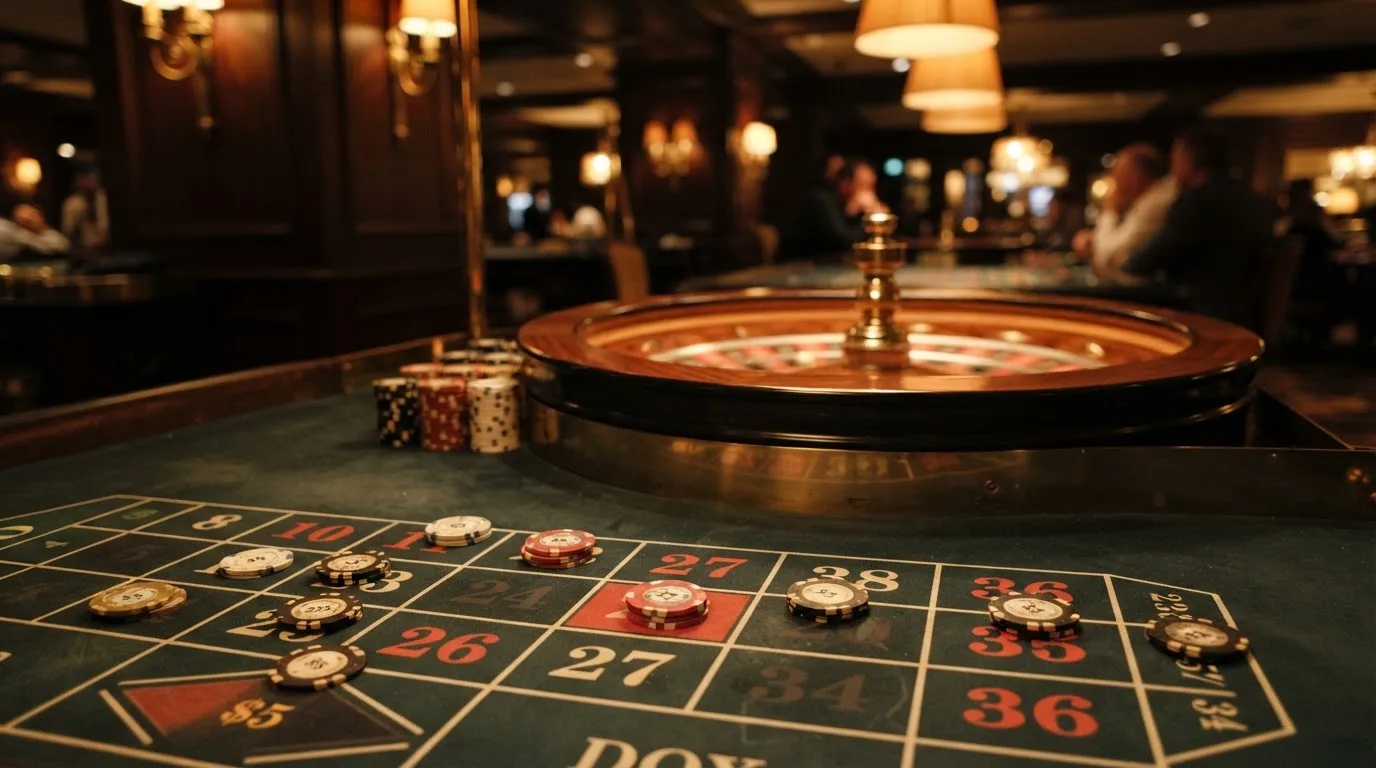 Rulettehjul og sjetonger på grønn filt i varmt kveldslys — casinoer med bitcoin i norge