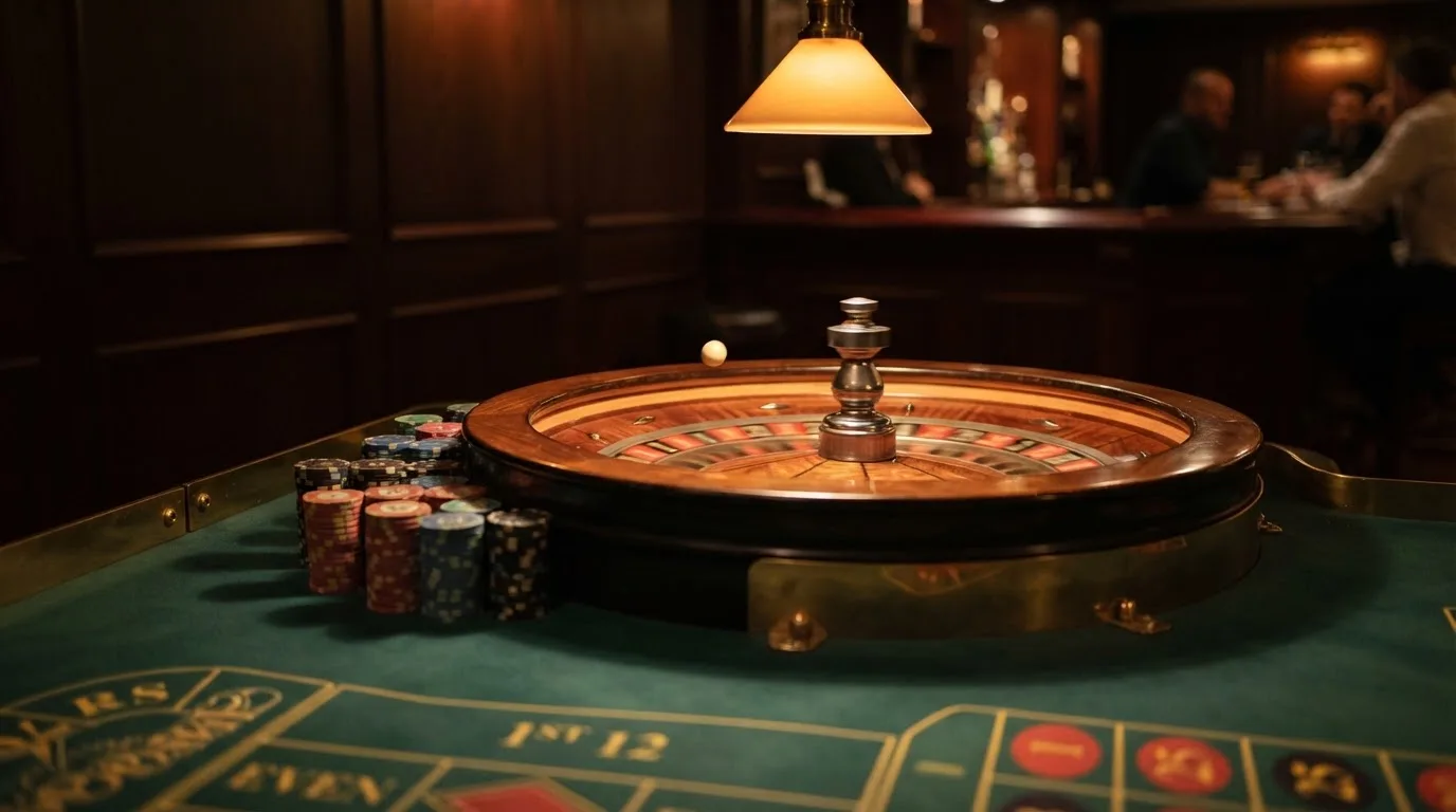 Rulettehjul og sjetonger på grønn filt i varmt kveldslys — casinoer med dogecoin i norge