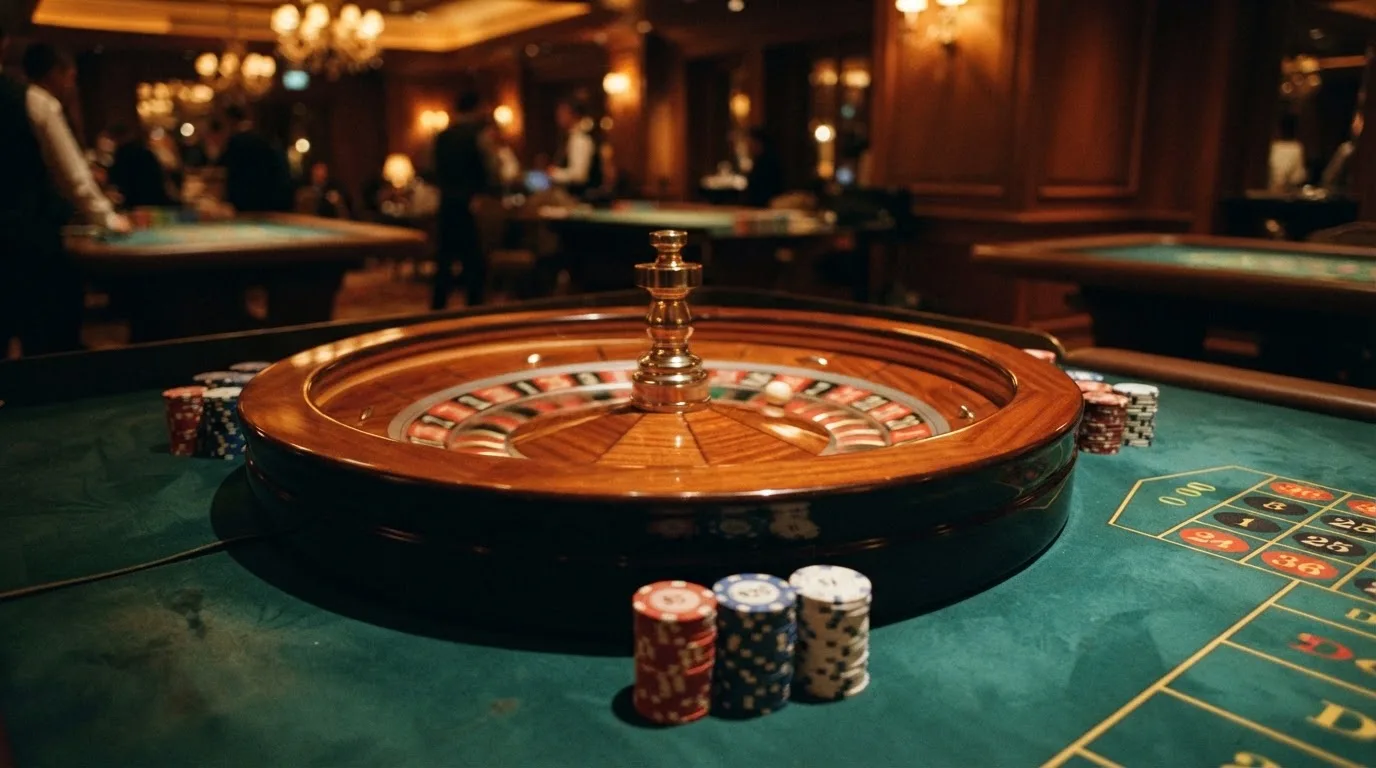 Rulettehjul og sjetonger på grønn filt i varmt kveldslys — live roulette in norway