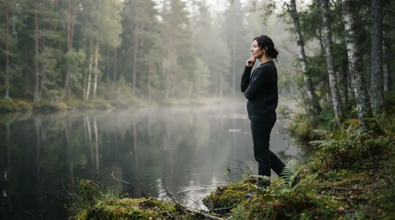 Kvinne som stopper opp med hånden mot haken ved en liten innsjø i skogen, tenksom og rolig