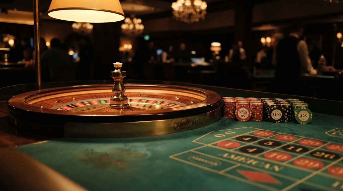 Rulettehjul og sjetonger på grønn filt i varmt kveldslys — norske casinoer på android