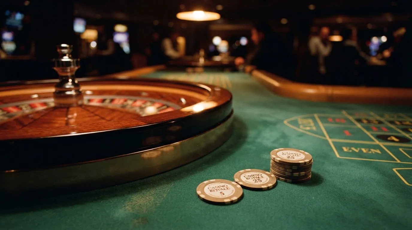 Rulettehjul og sjetonger på grønn filt i varmt kveldslys — norske casinoer på ios
